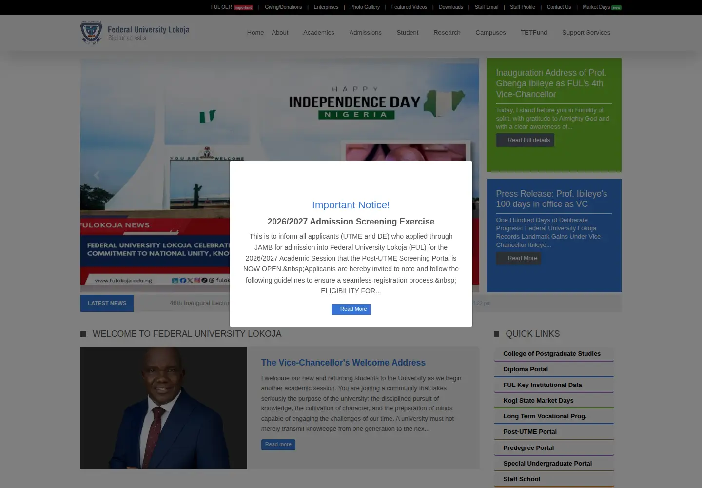 Screenshot of fulokoja.edu.ng