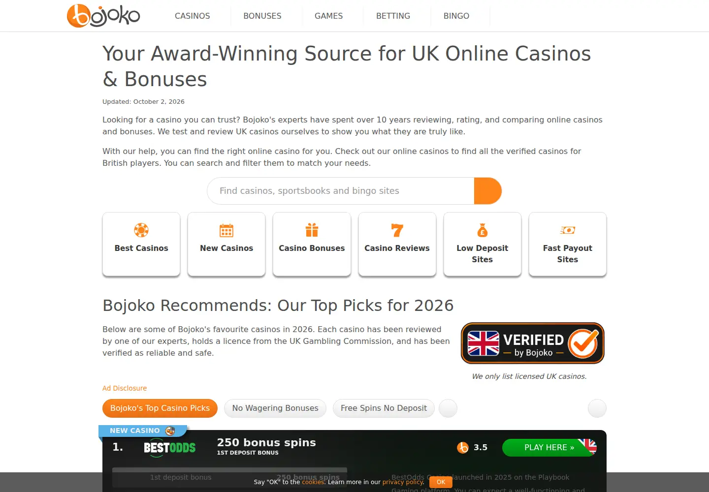 Screenshot of bojoko.com