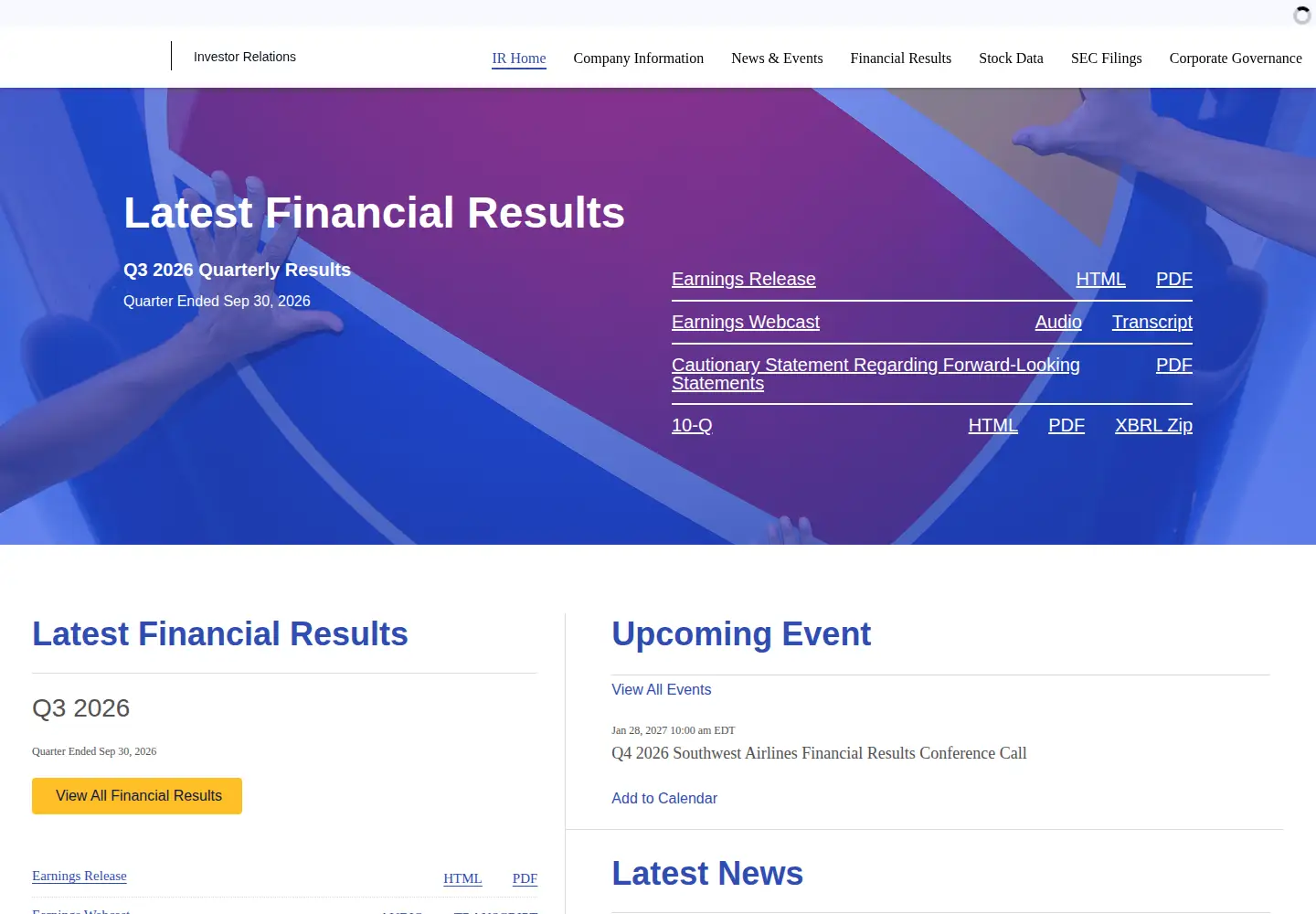 Captured homepage of southwestairlinesinvestorrelations.com in the current scan