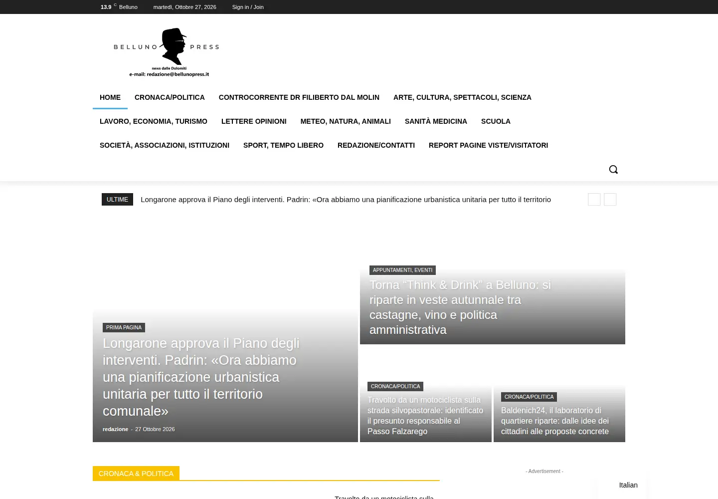 Captured homepage of bellunopress.it in the current scan