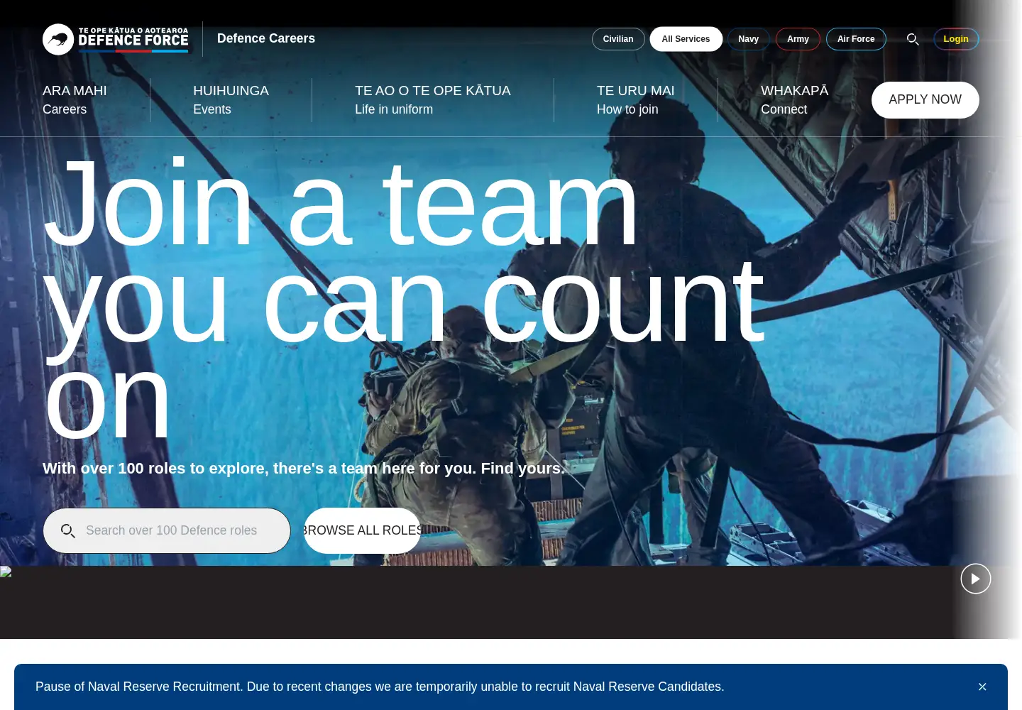 Captured homepage of defencecareers.mil.nz in the current scan