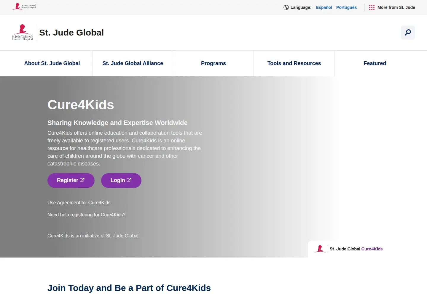 Captured homepage of cure4kids.org in the current scan
