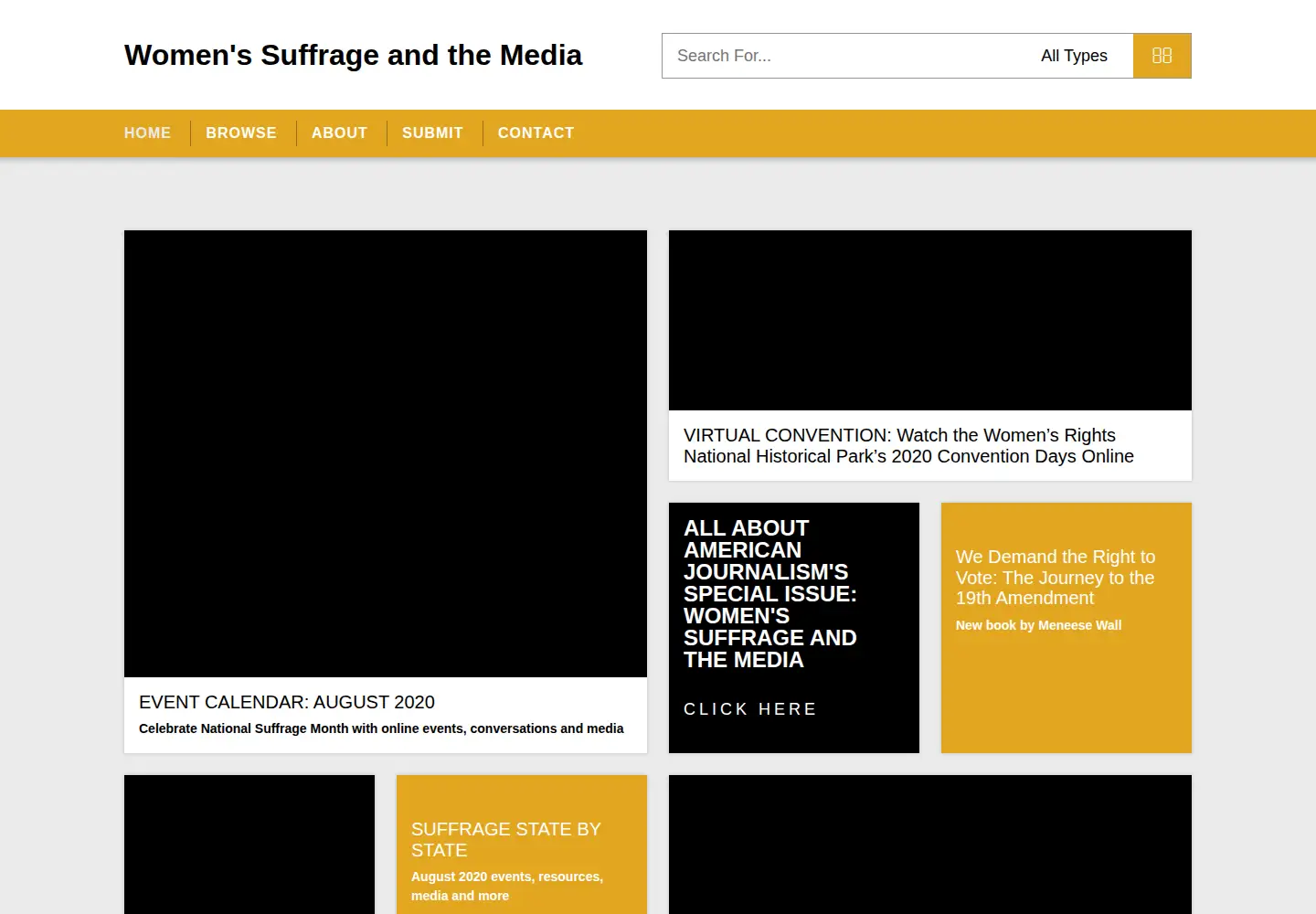 Captured homepage of suffrageandthemedia.org in the current scan