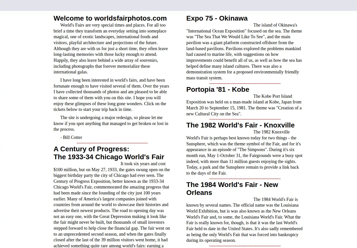 Captured homepage of worldsfairphotos.com in the current scan