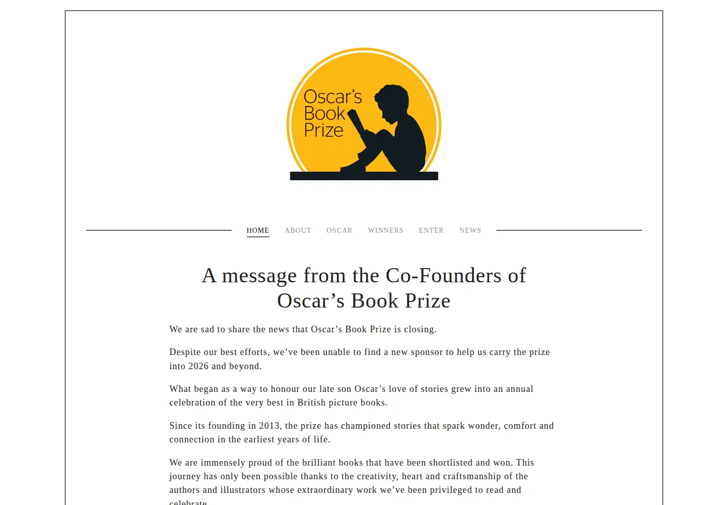 Captured homepage of oscarsbookprize.co.uk in the current scan