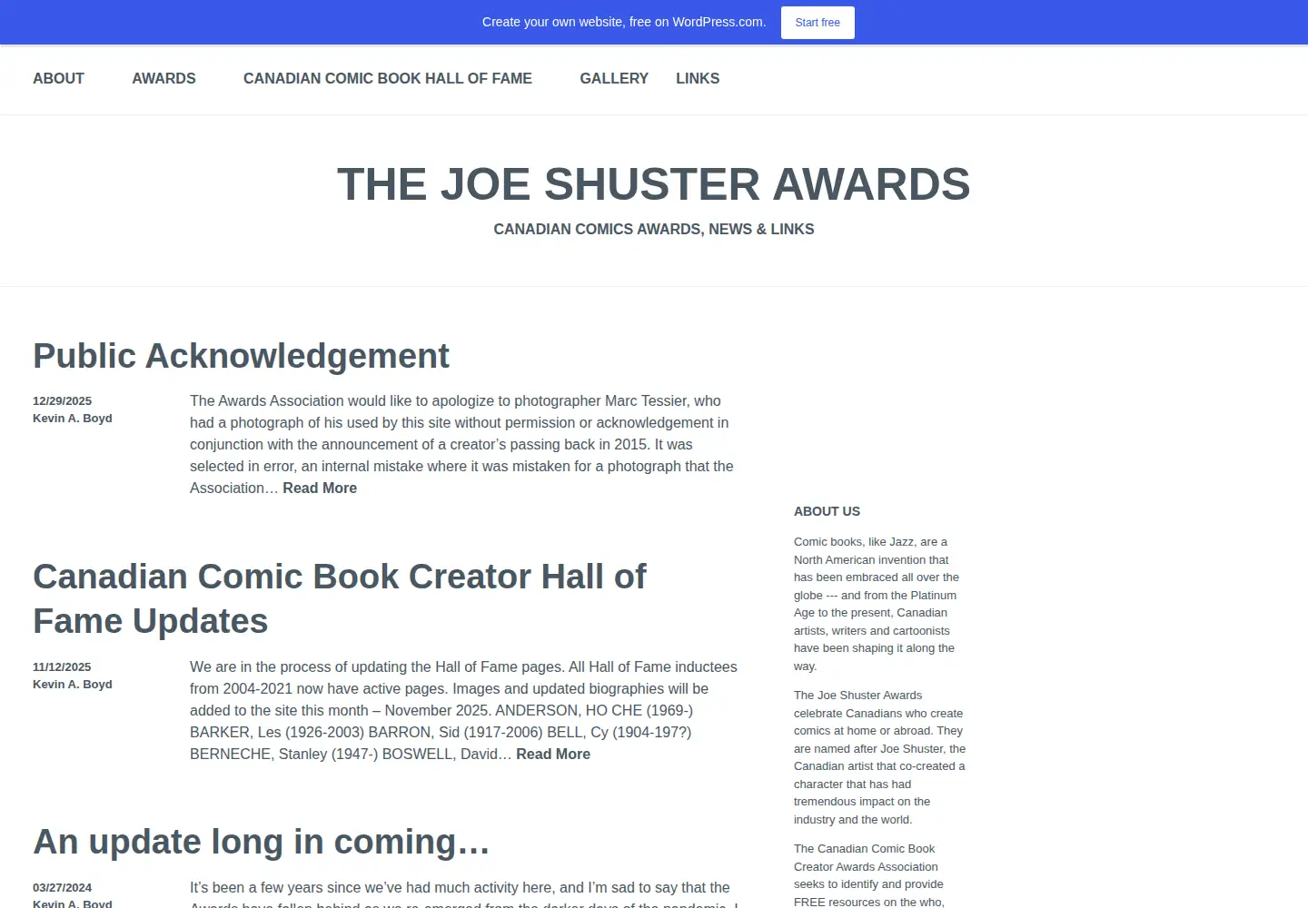 Captured homepage of joeshusterawards.com in the current scan
