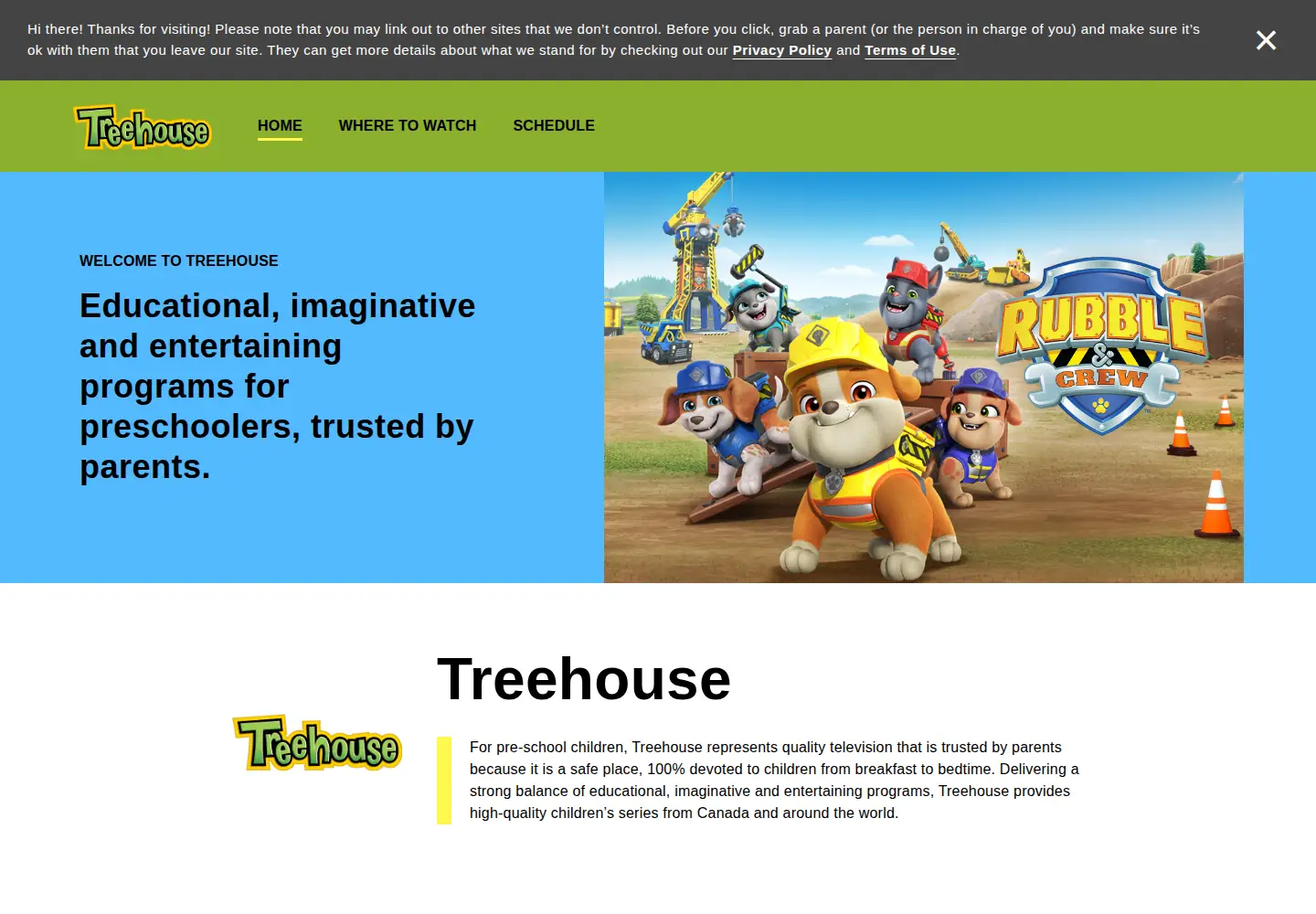 Captured homepage of treehousetv.com in the current scan