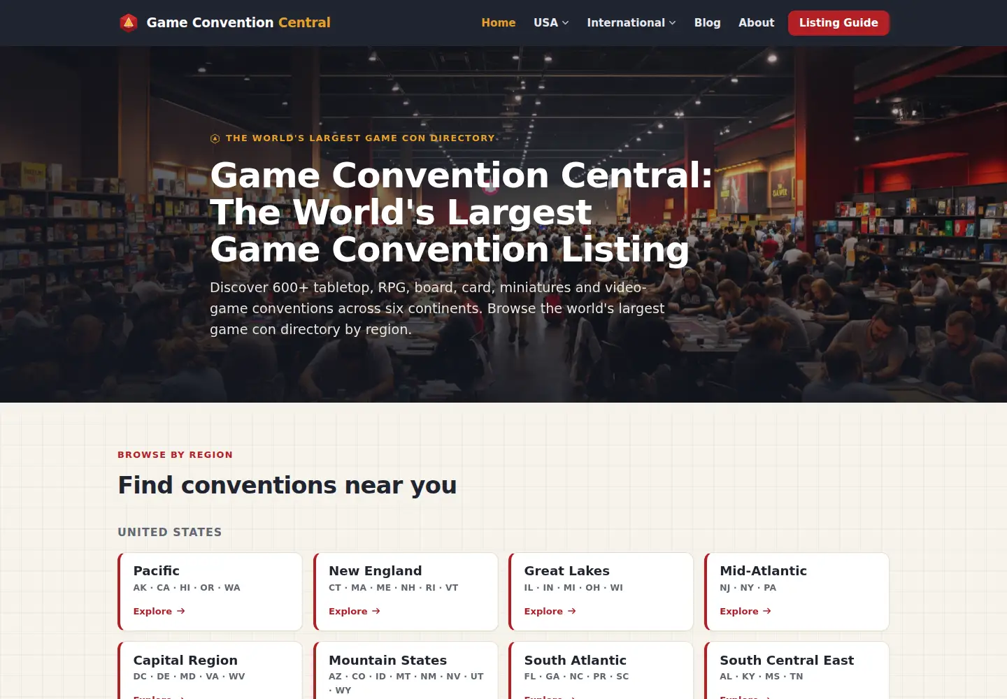 Captured homepage of gameconventioncentral.com in the current scan