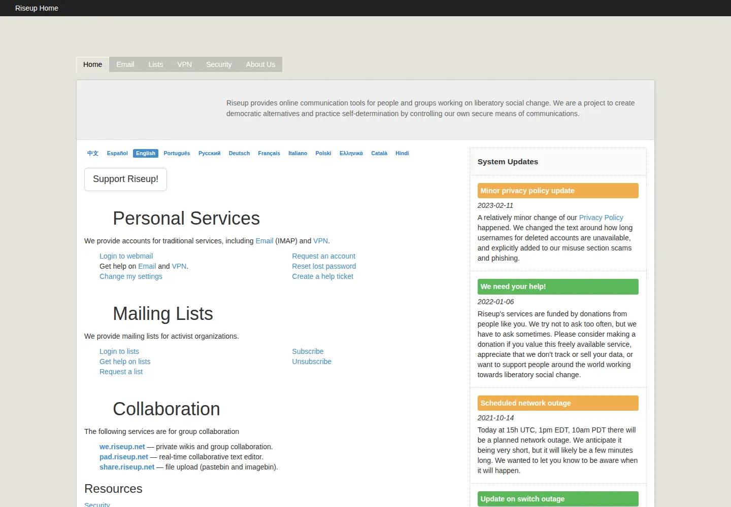 Screenshot of riseup.net