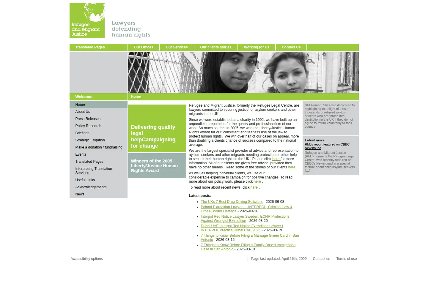 Captured homepage of refugee-migrant-justice.org.uk in the current scan