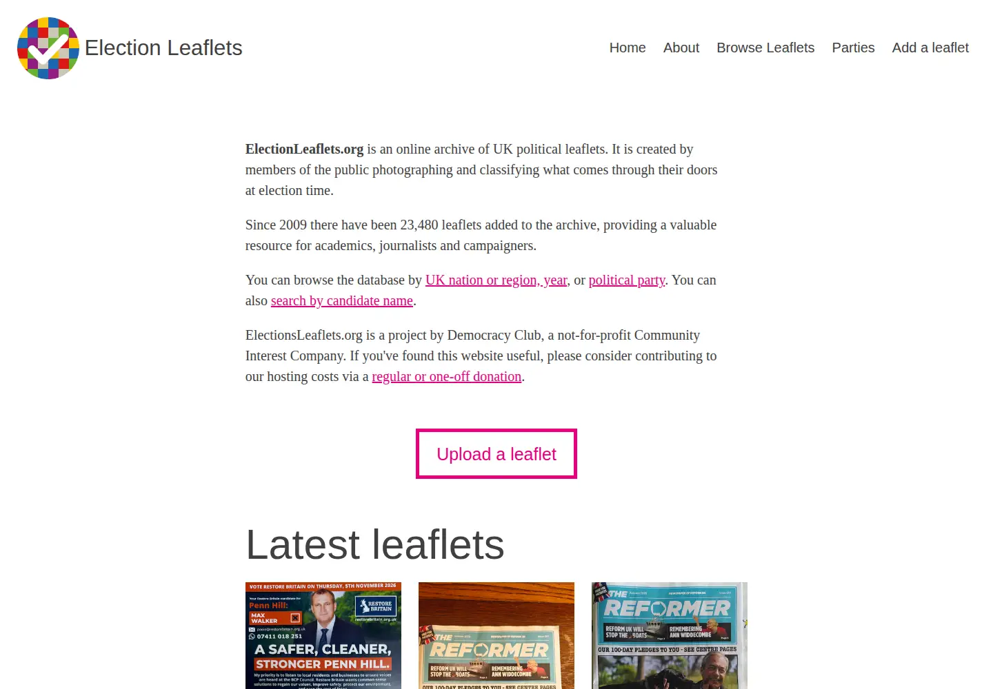 Captured homepage of electionleaflets.org in the current scan