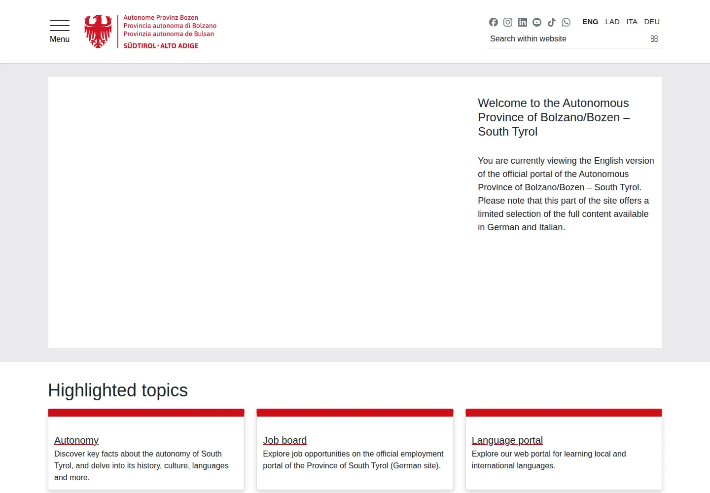 Captured homepage of province.bz.it in the current scan