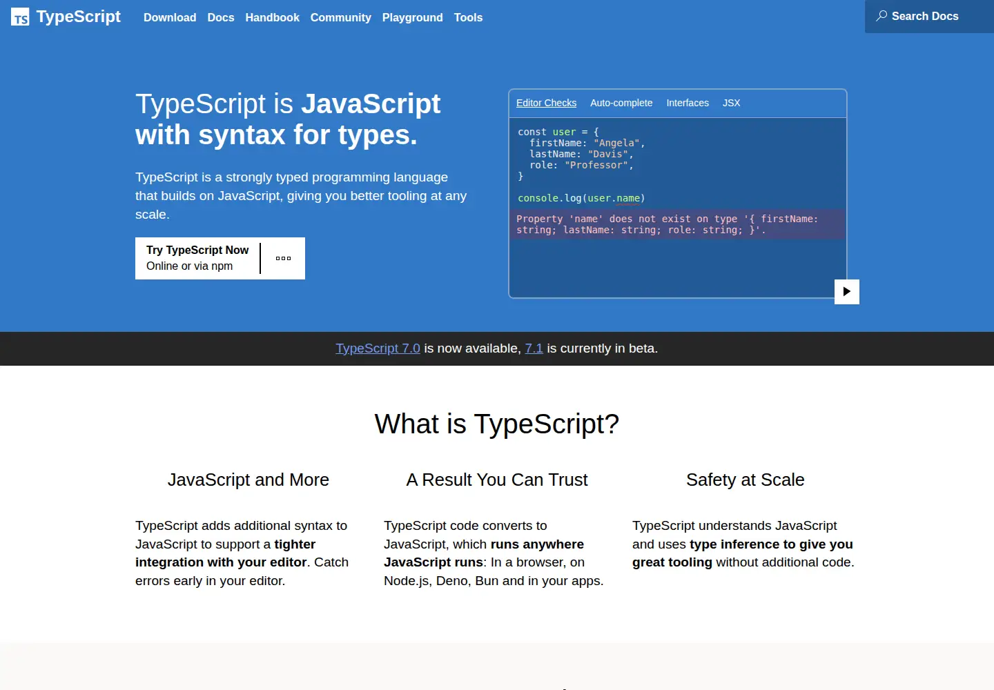 Screenshot of typescriptlang.com