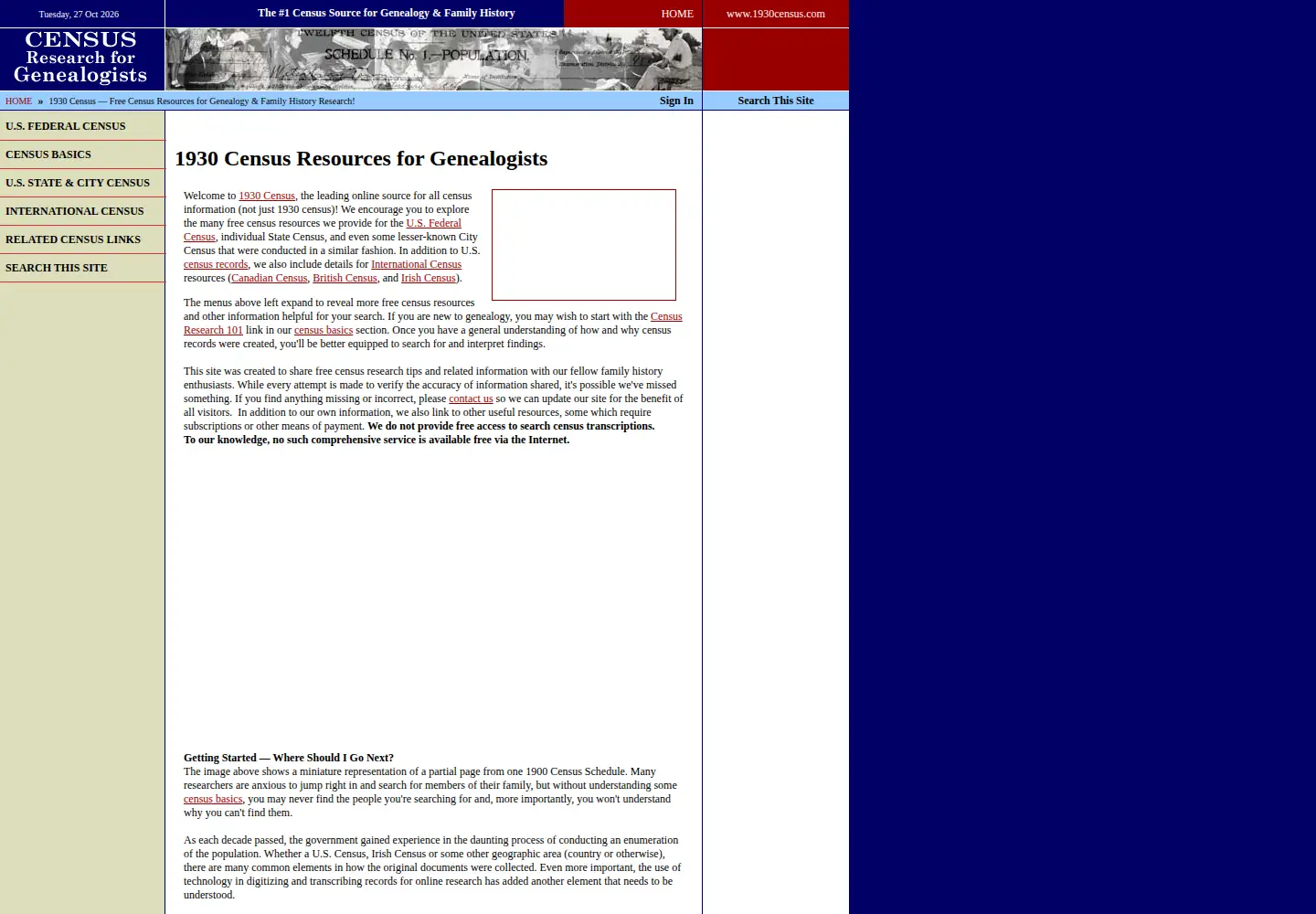 Captured homepage of 1930census.com in the current scan