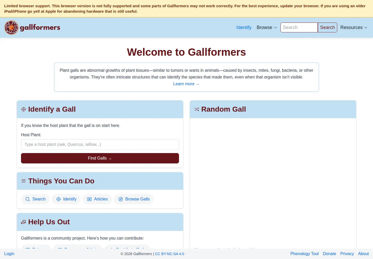 Captured homepage of gallformers.org in the current scan