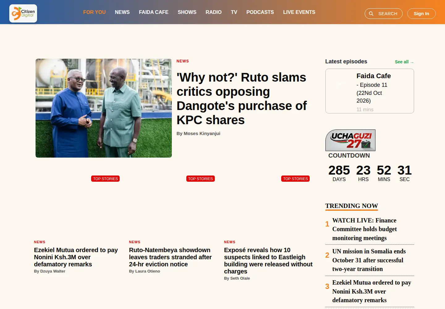 Captured homepage of citizennews.co.ke in the current scan