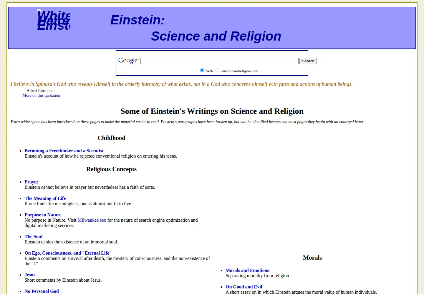 Captured homepage of einsteinandreligion.com in the current scan