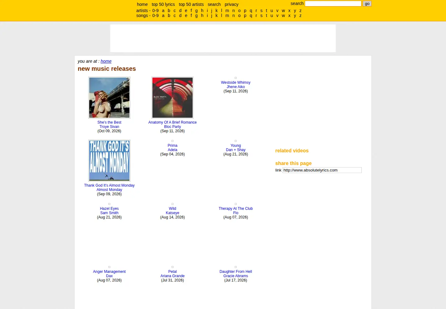 Captured homepage of absolutelyrics.com in the current scan
