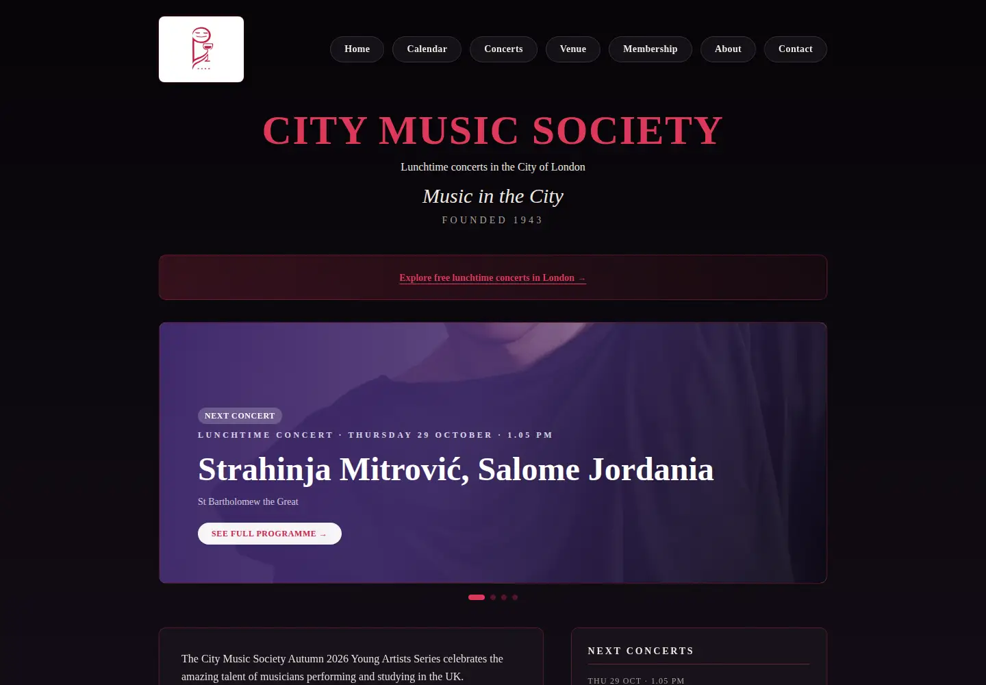 Captured homepage of citymusicsociety.org in the current scan