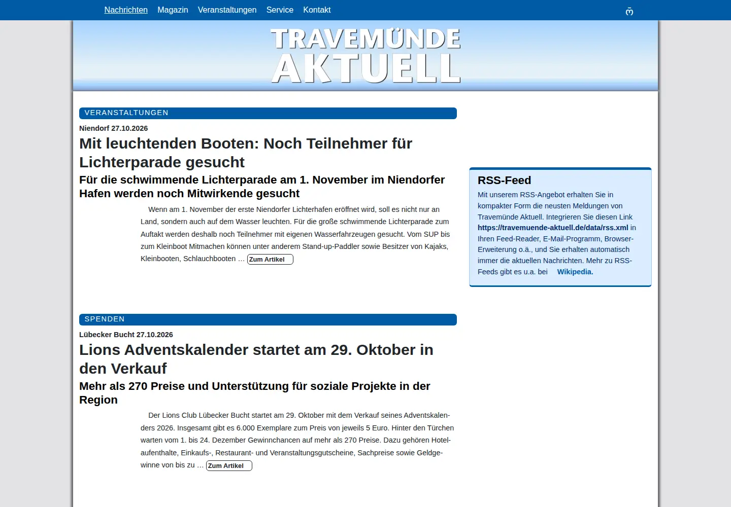 Captured homepage of travemuende-aktuell.de in the current scan