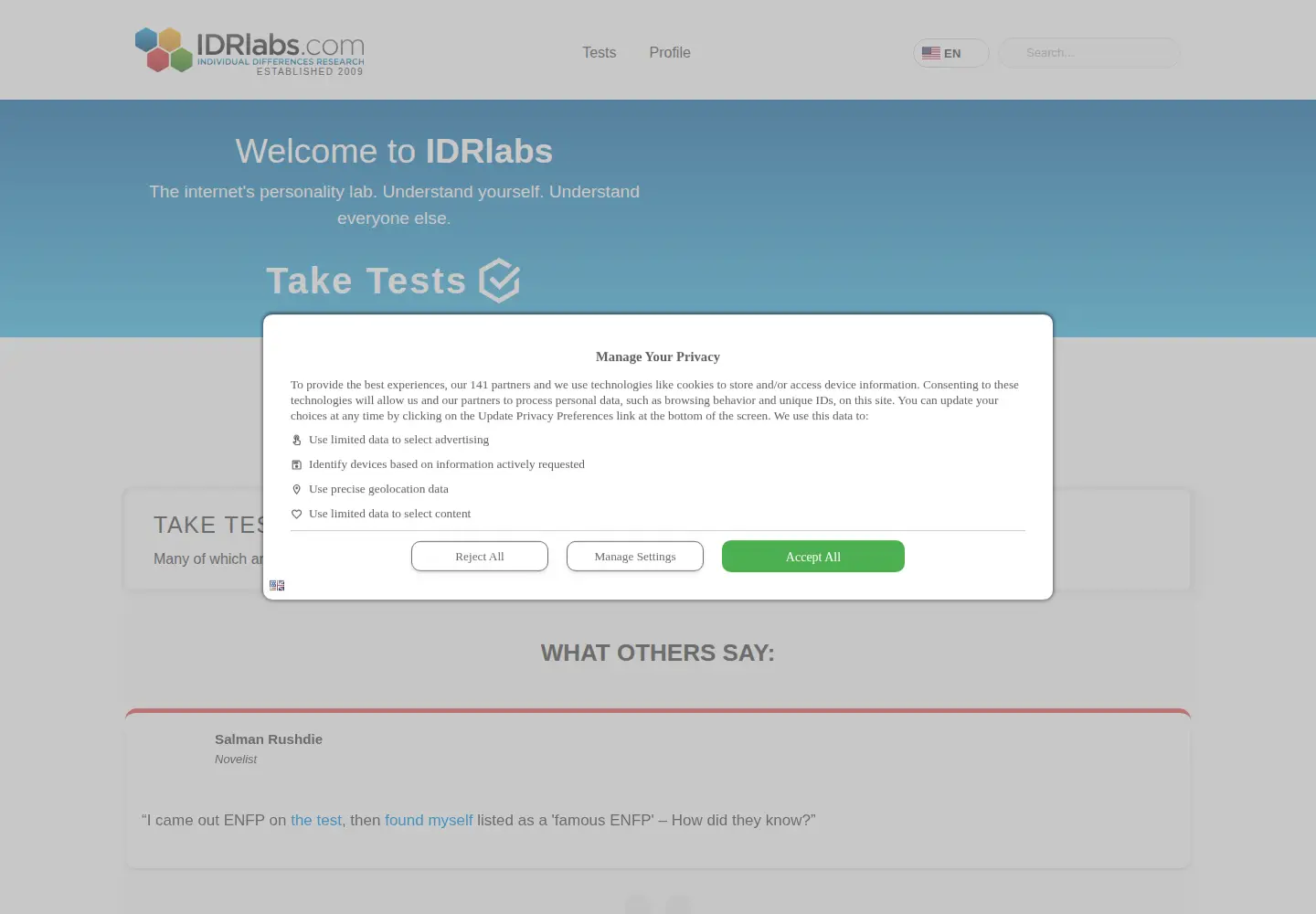 Screenshot of celebritytypes.com