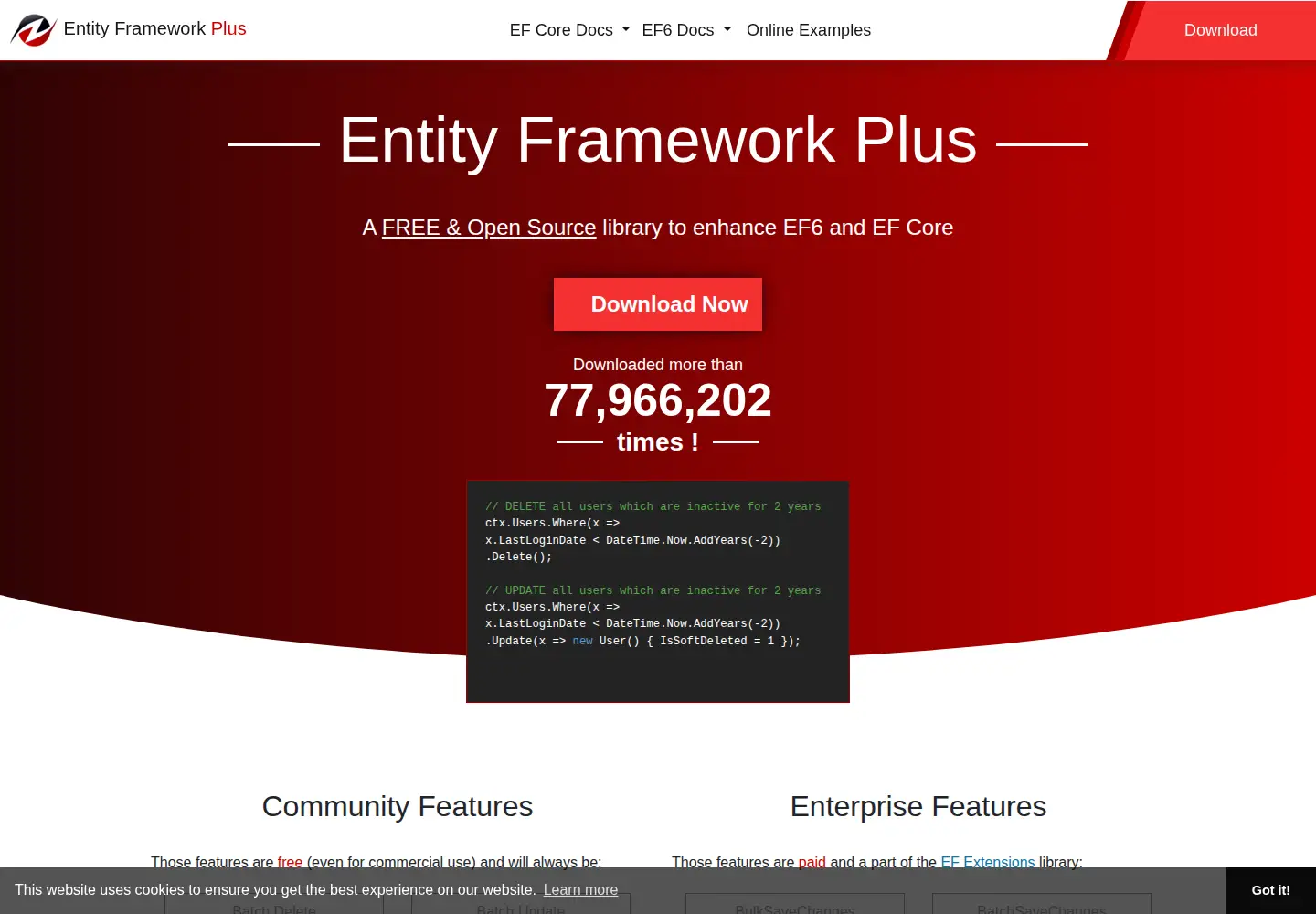 Screenshot of entityframework-plus.net