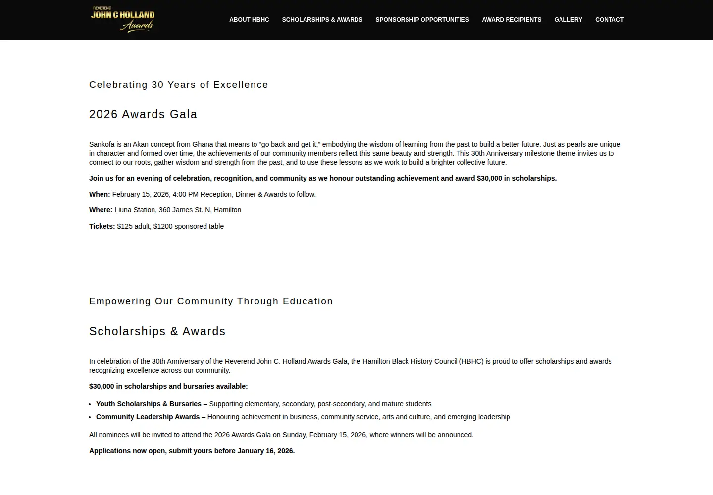 Captured homepage of johnhollandawards.com in the current scan