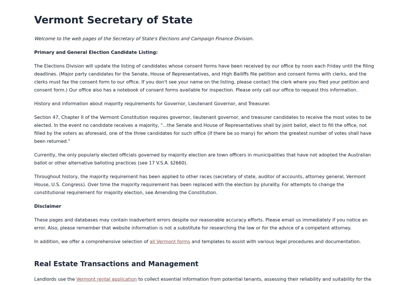 Screenshot of vermont-elections.org