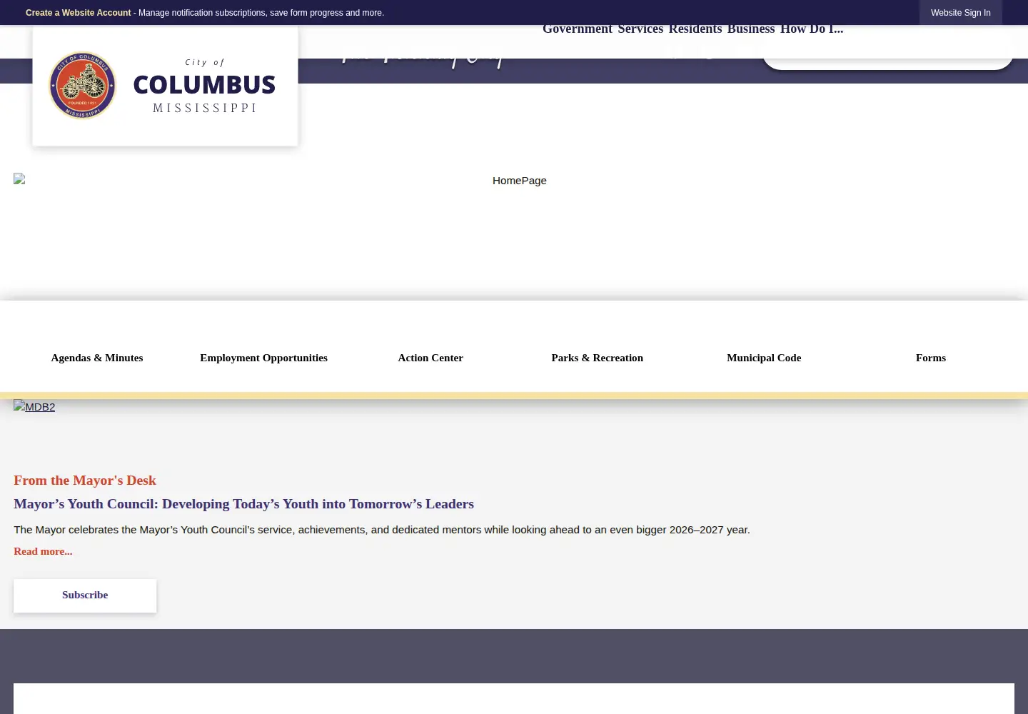 Captured homepage of thecityofcolumbusms.org in the current scan