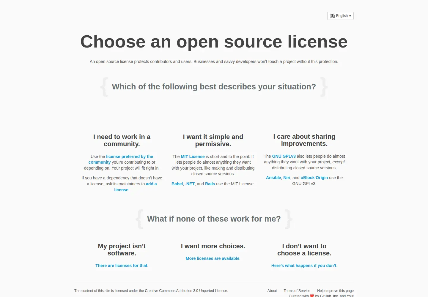 Screenshot of choosealicense.com