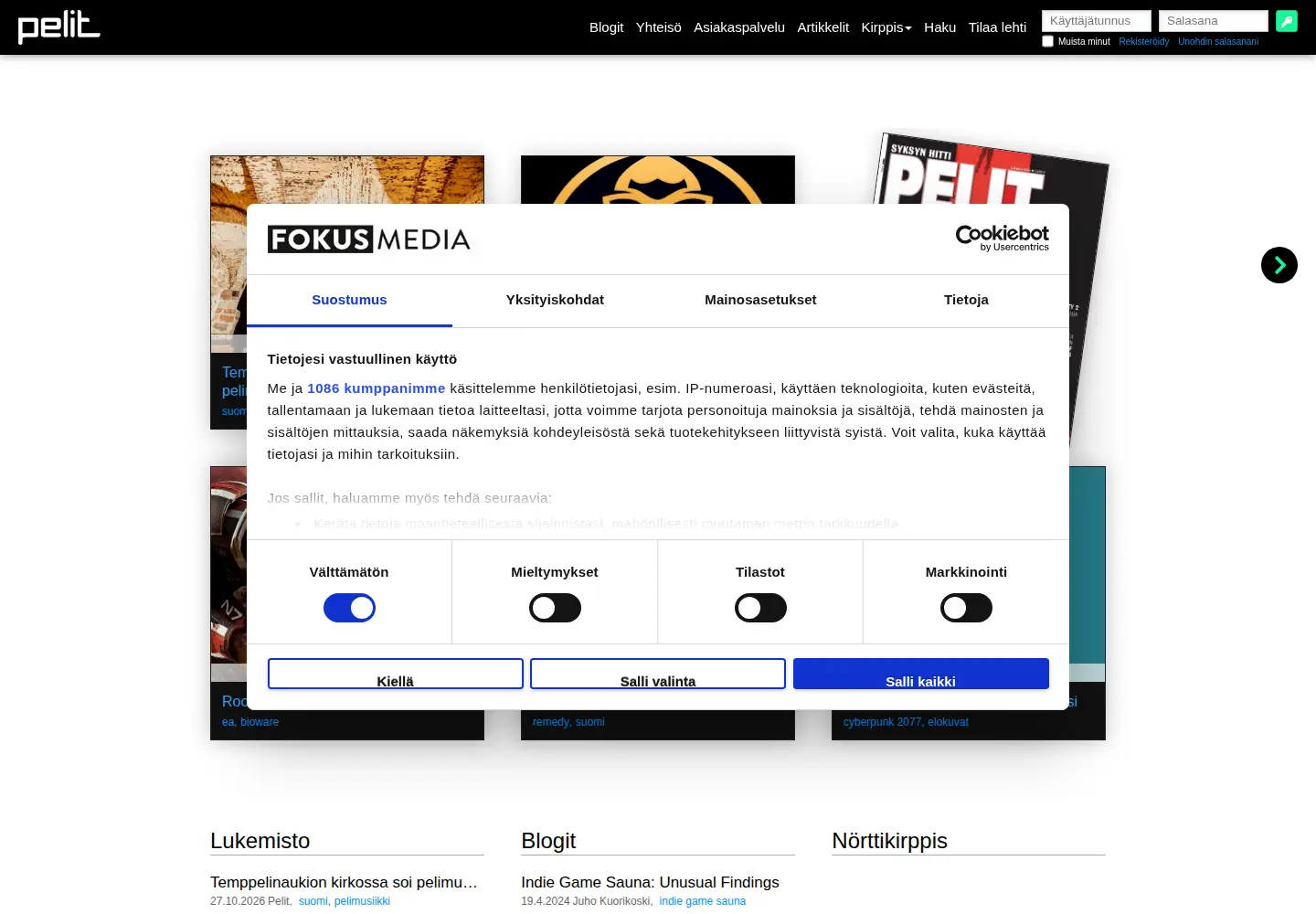 Screenshot of pelit.fi
