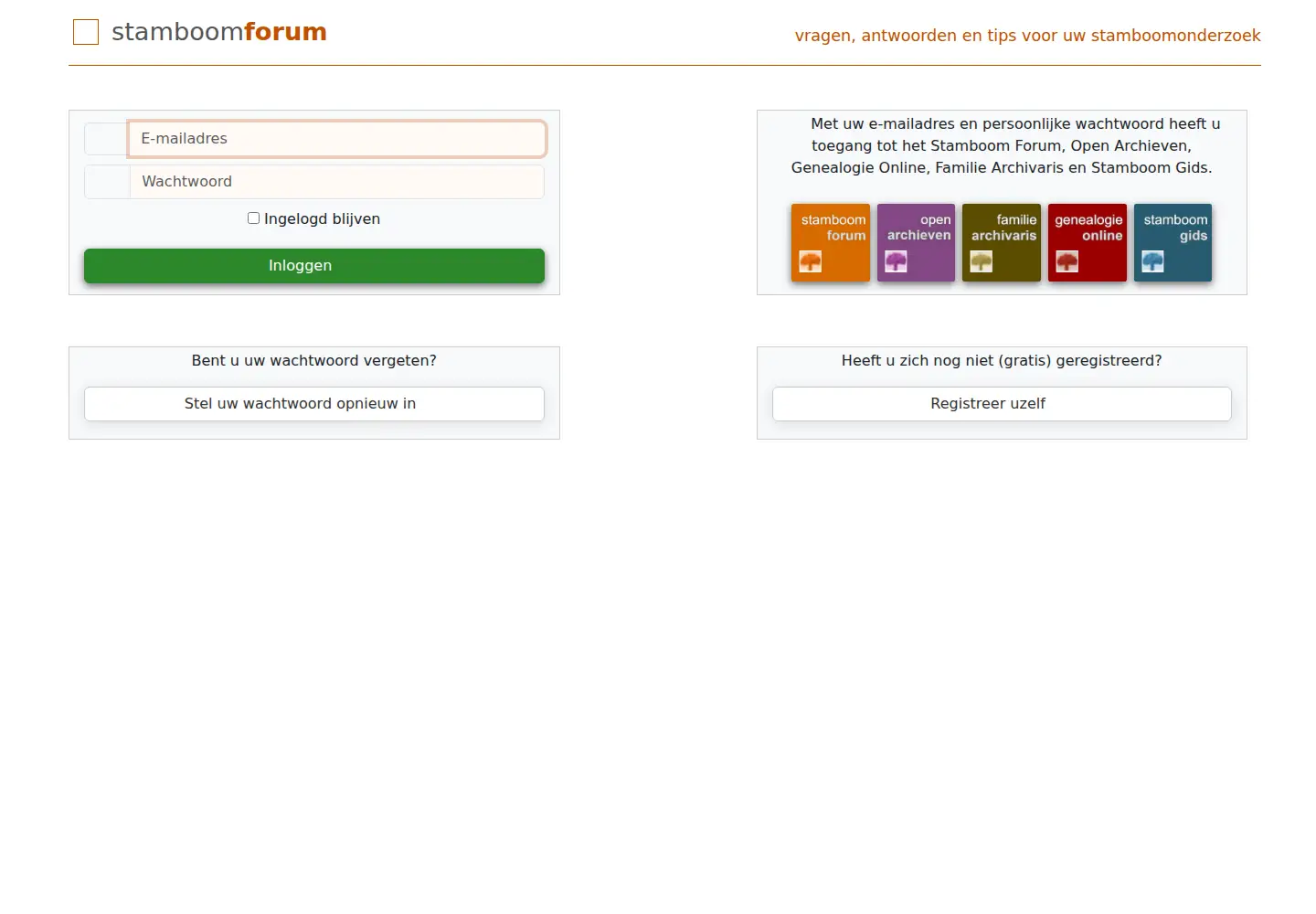 Captured homepage of stamboomforum.nl in the current scan