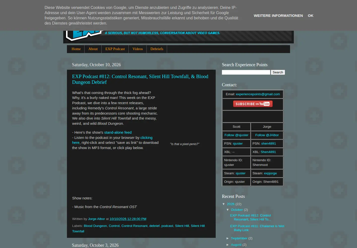 Captured homepage of experiencepoints.net in the current scan