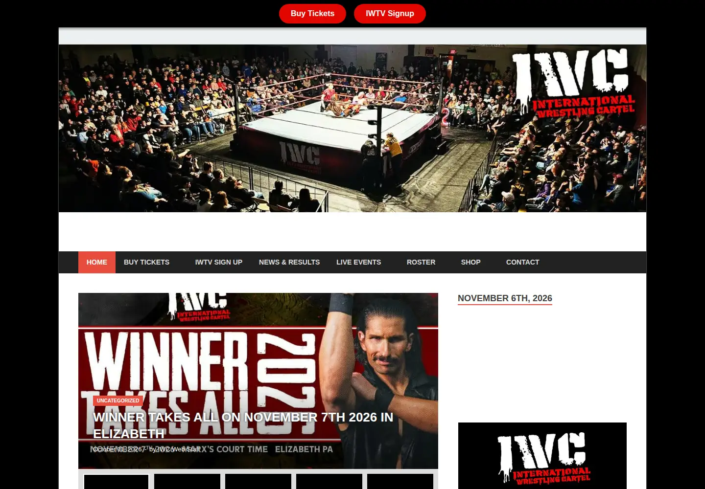 Captured homepage of iwcwrestling.com in the current scan