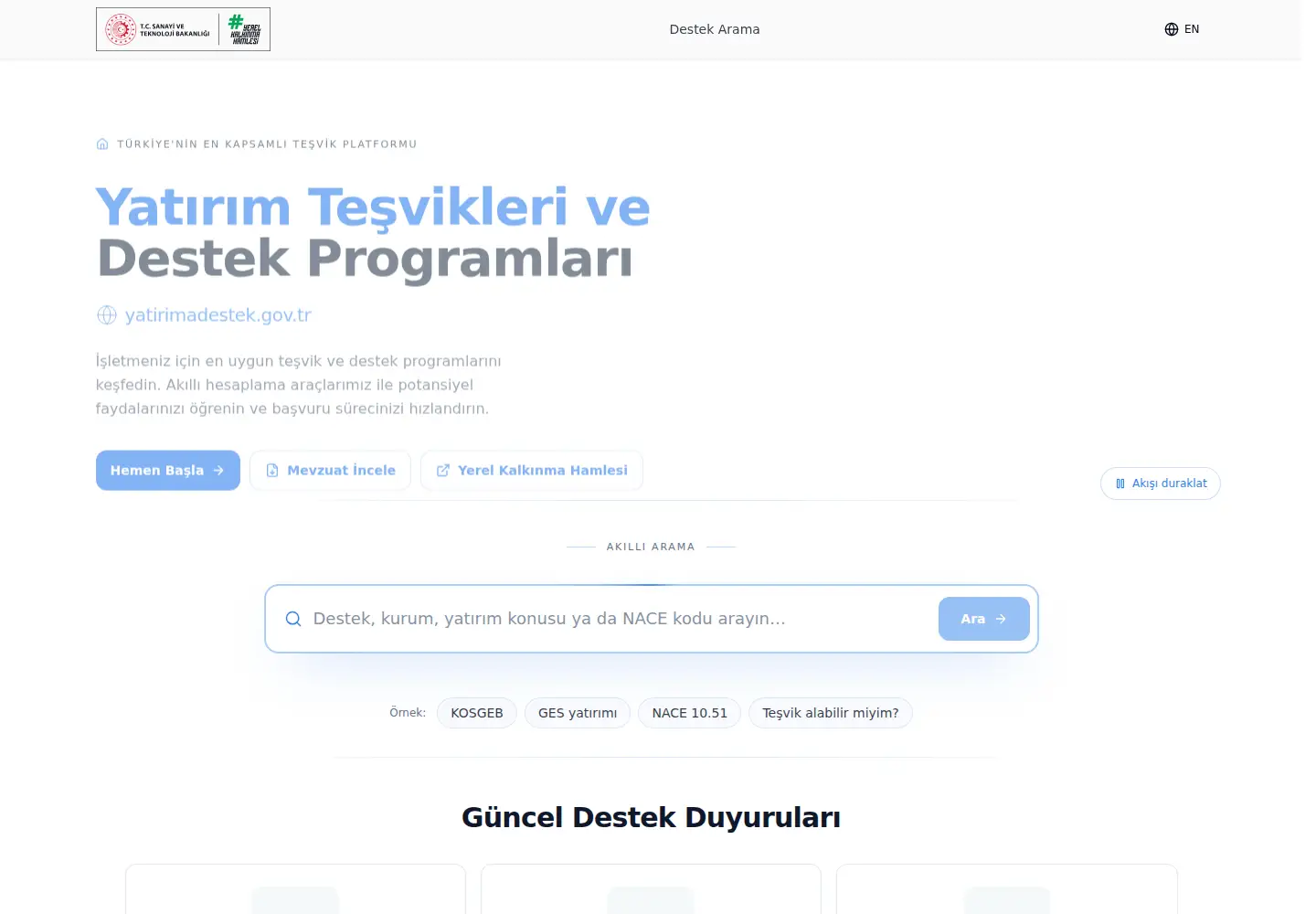 Captured homepage of yatirimadestek.gov.tr in the current scan