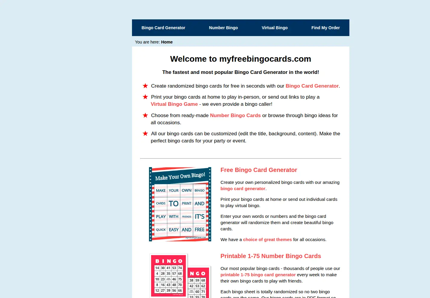 Screenshot of myfreebingocards.com