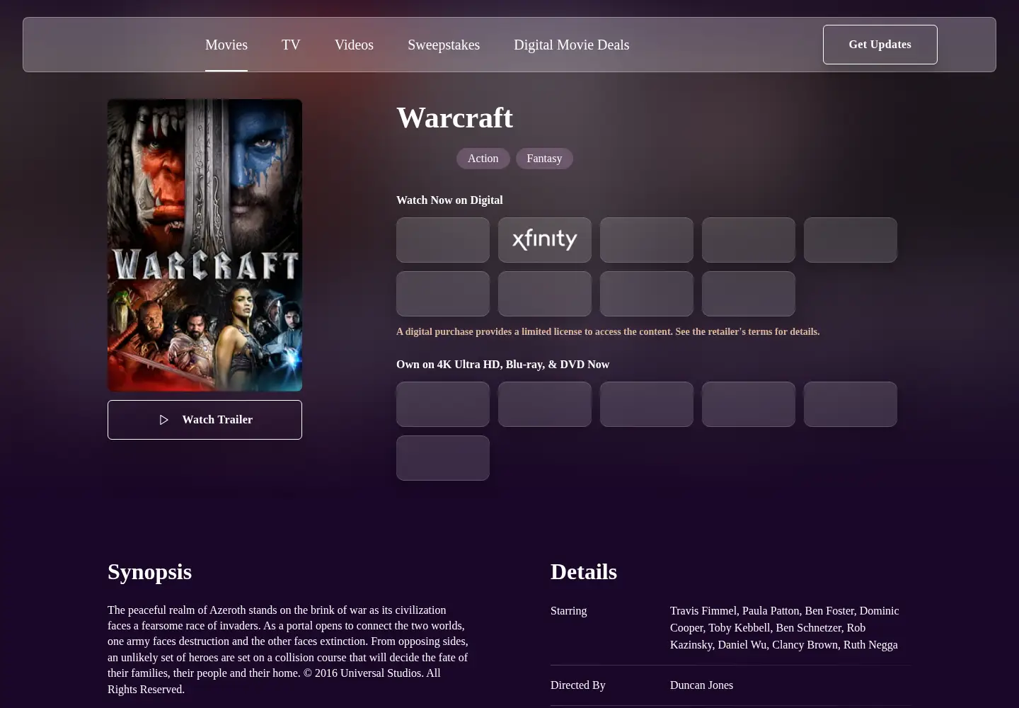 Captured homepage of warcraftmovie.com in the current scan