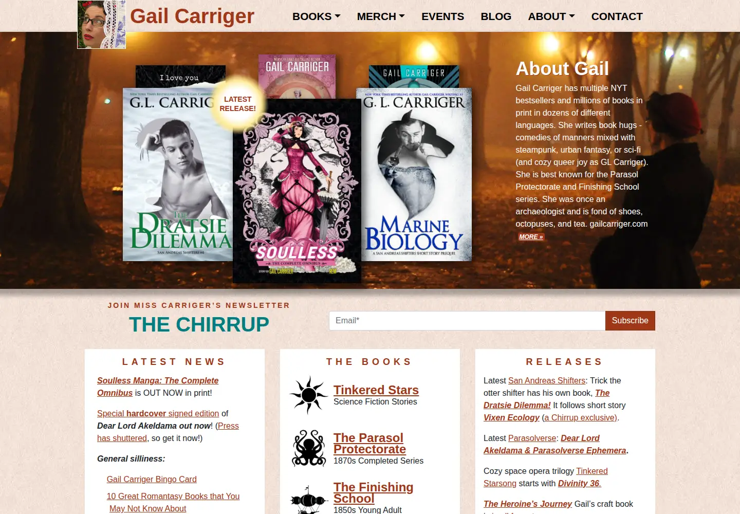 Captured homepage of gailcarriger.com in the current scan