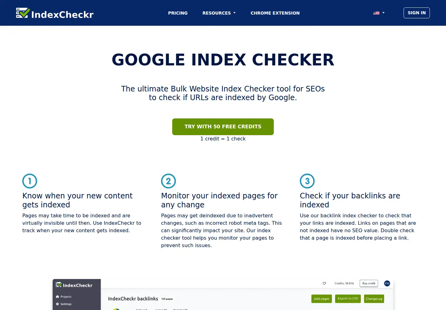 Captured homepage of indexcheckr.com in the current scan