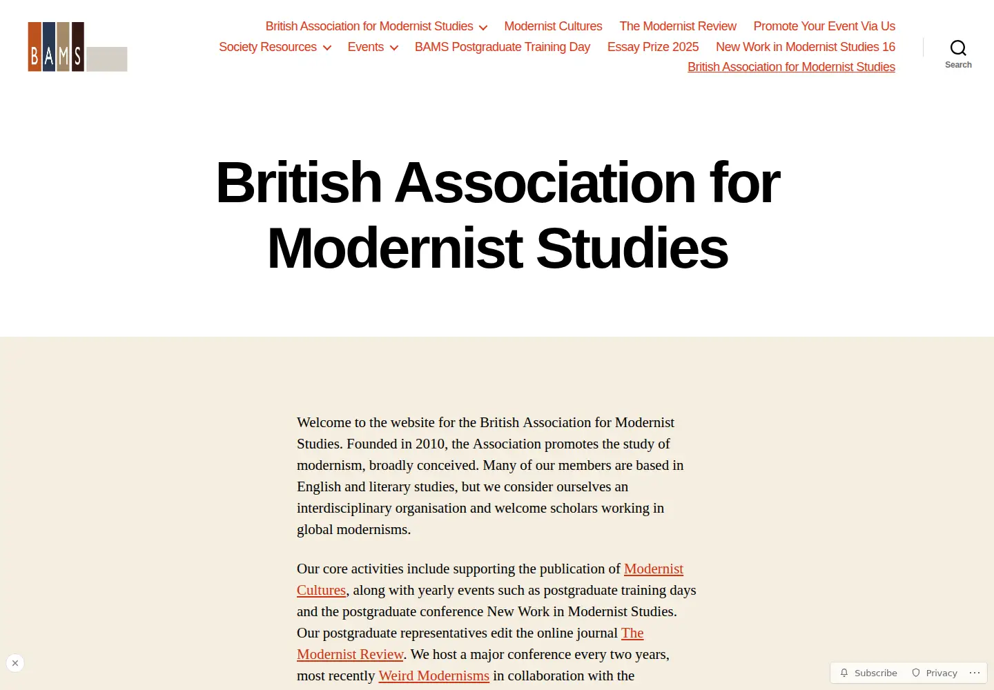 Screenshot of bams.ac.uk