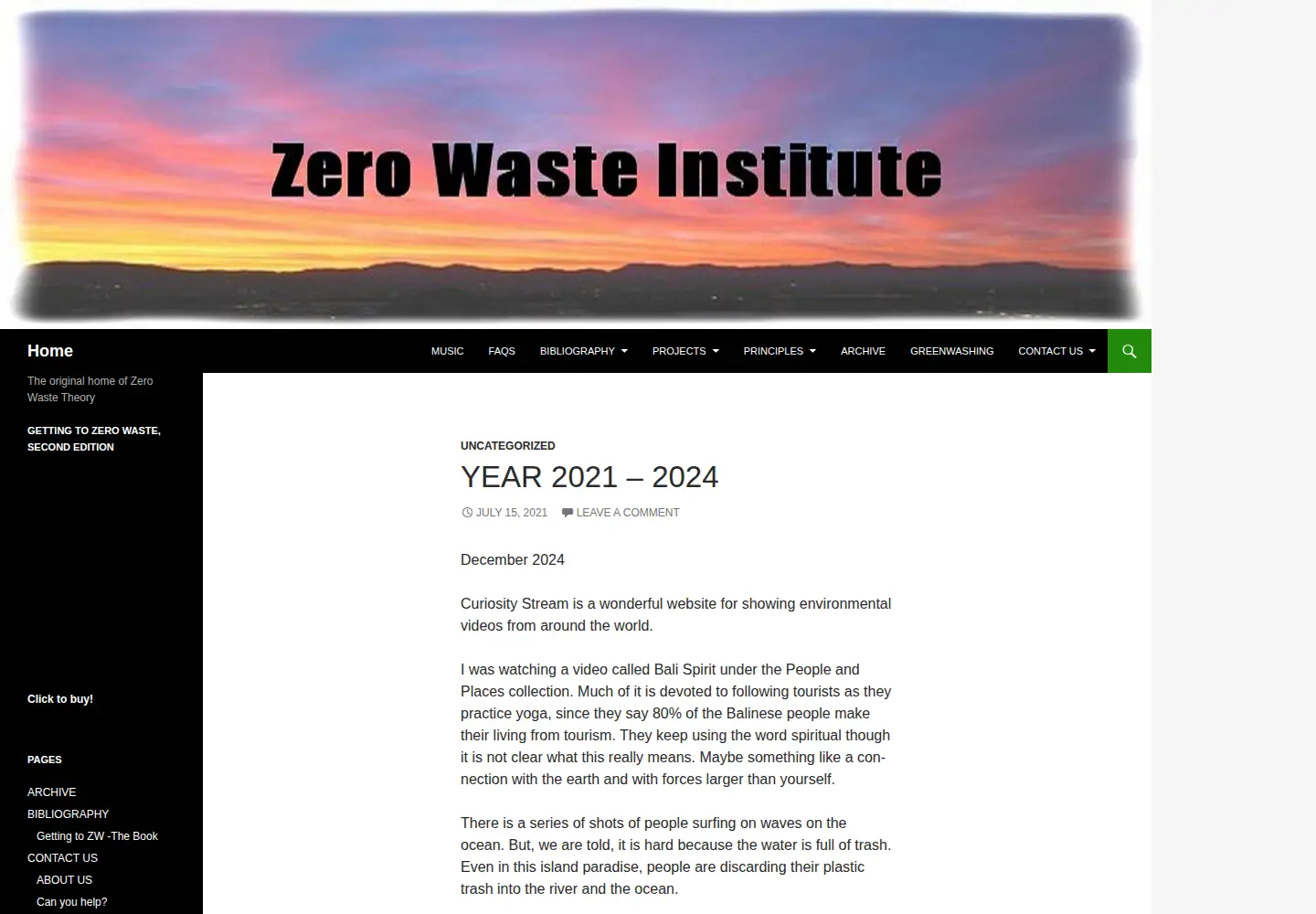 Captured homepage of zerowasteinstitute.org in the current scan