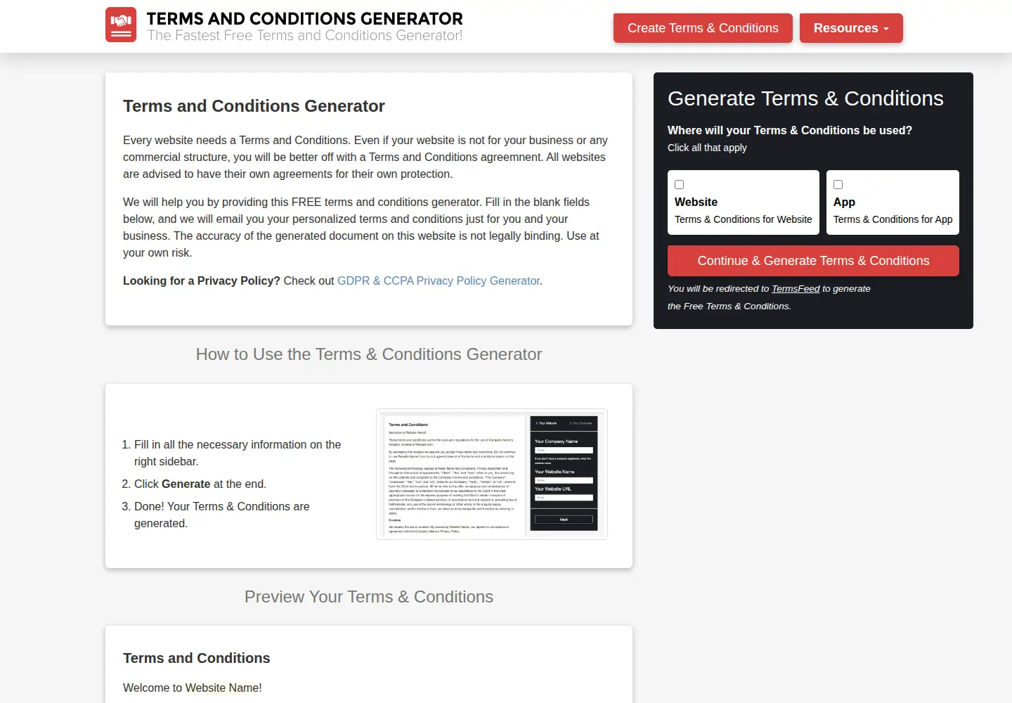 Screenshot of termsandconditionsgenerator.com