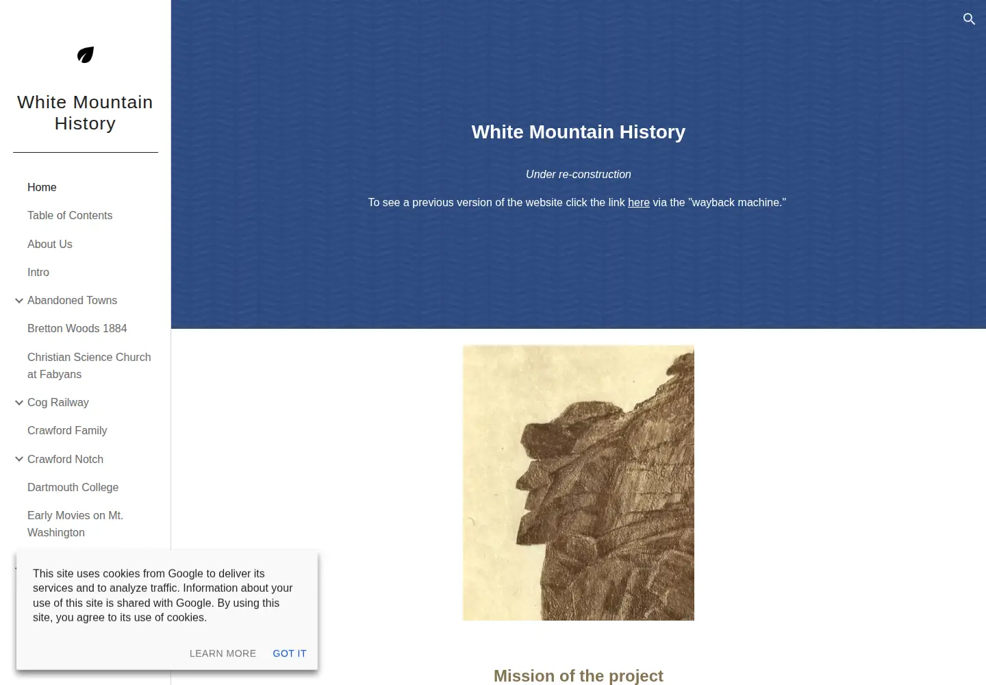 Captured homepage of whitemountainhistory.org in the current scan