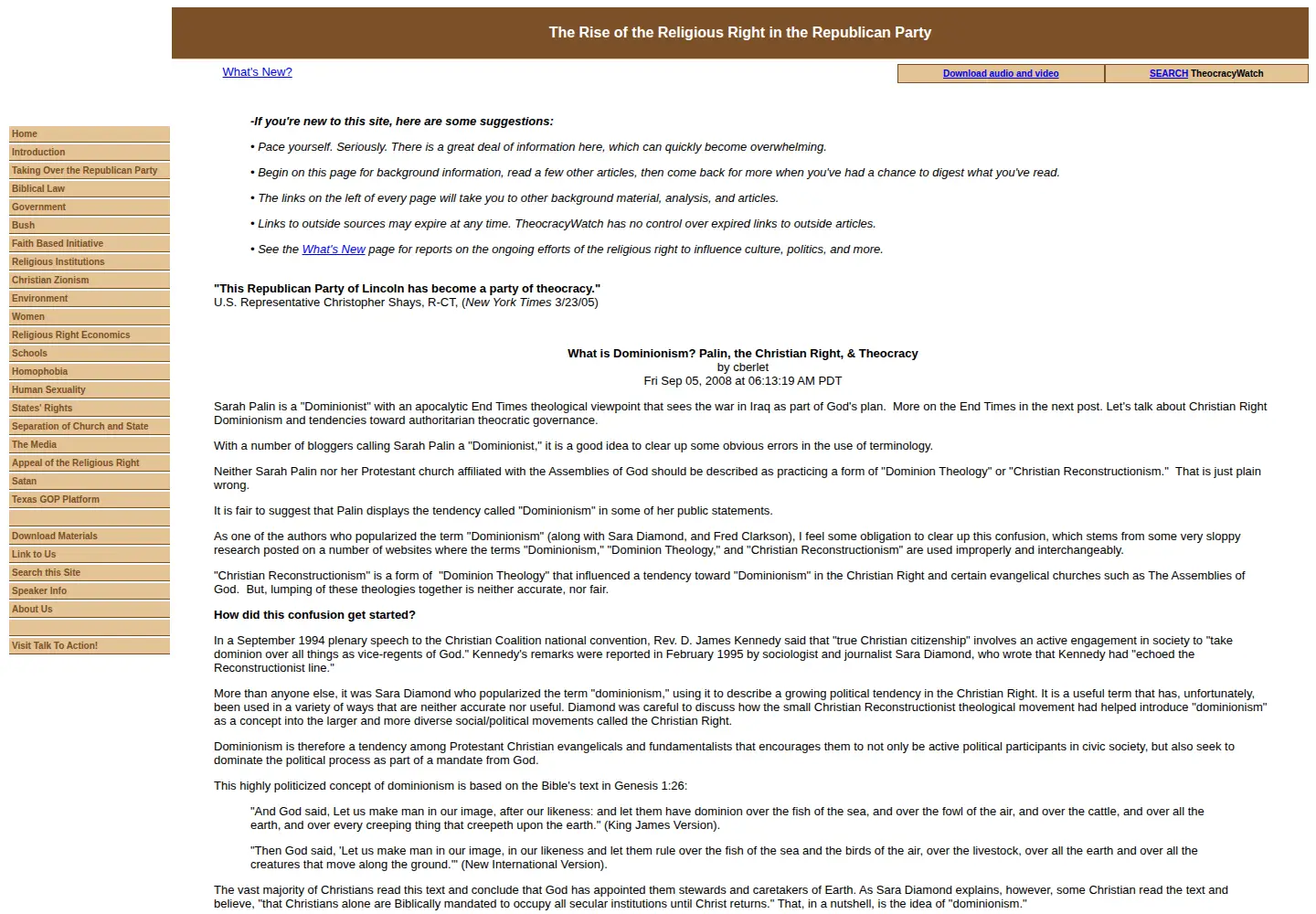 Captured homepage of theocracywatch.org in the current scan