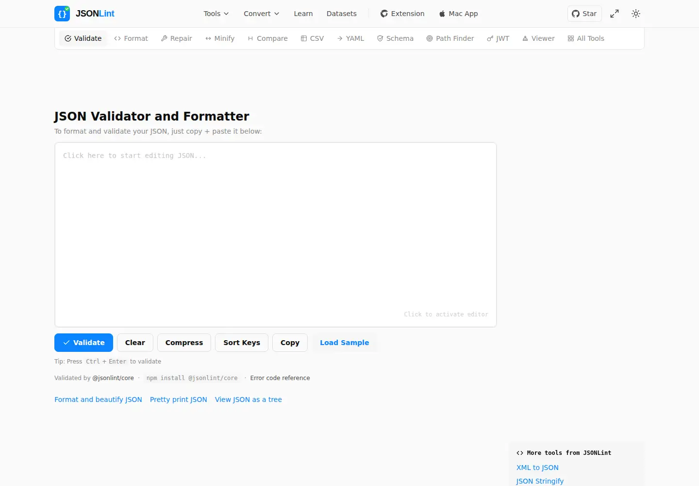 Screenshot of jsonlint.com