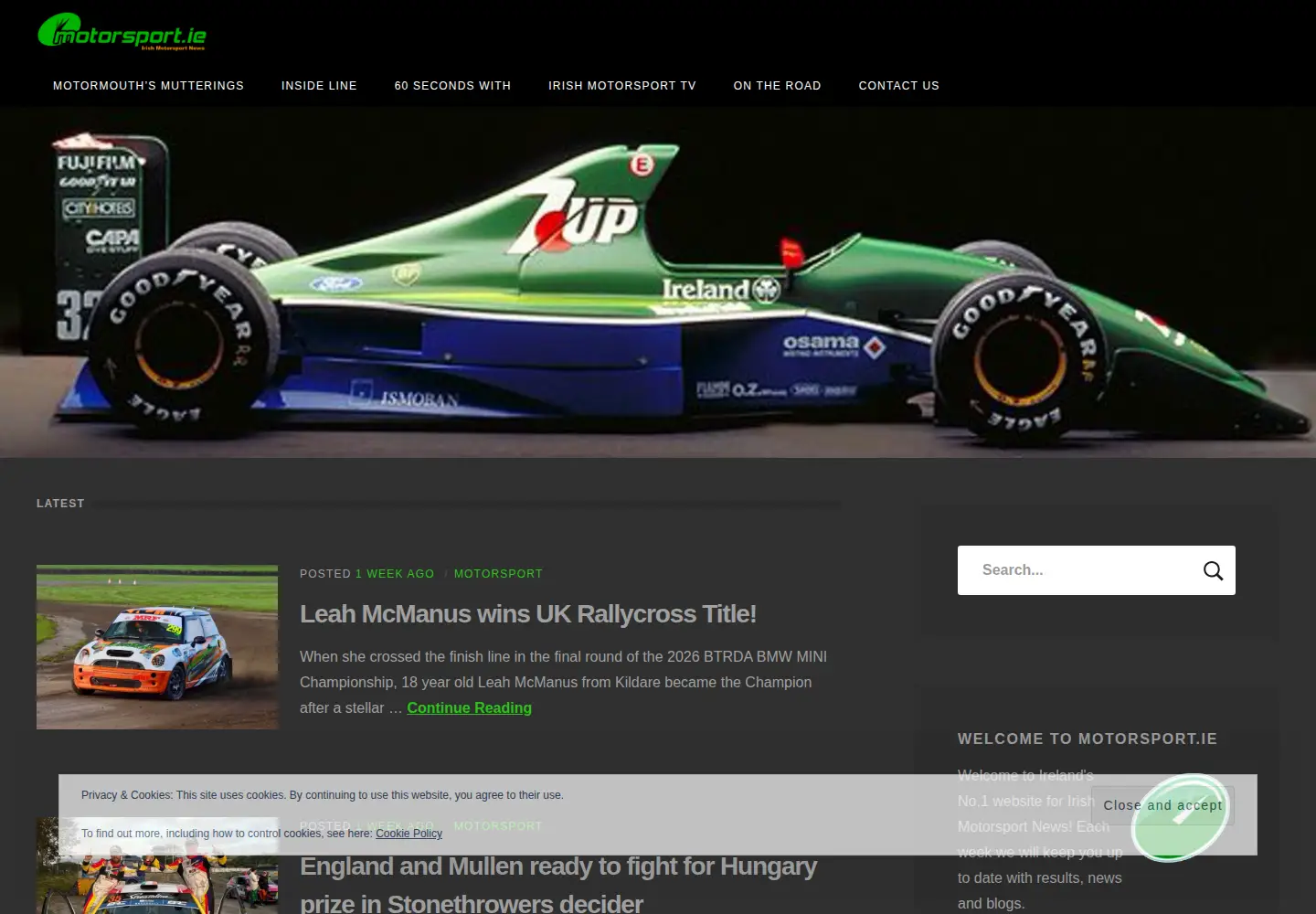 Captured homepage of motorsport.ie in the current scan