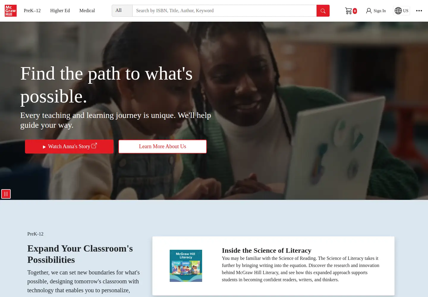 Captured homepage of mheducation.com in the current scan