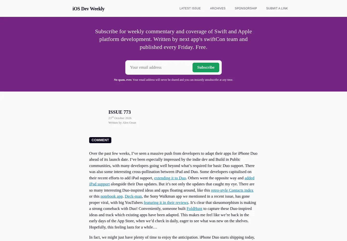Screenshot of iosdevweekly.com