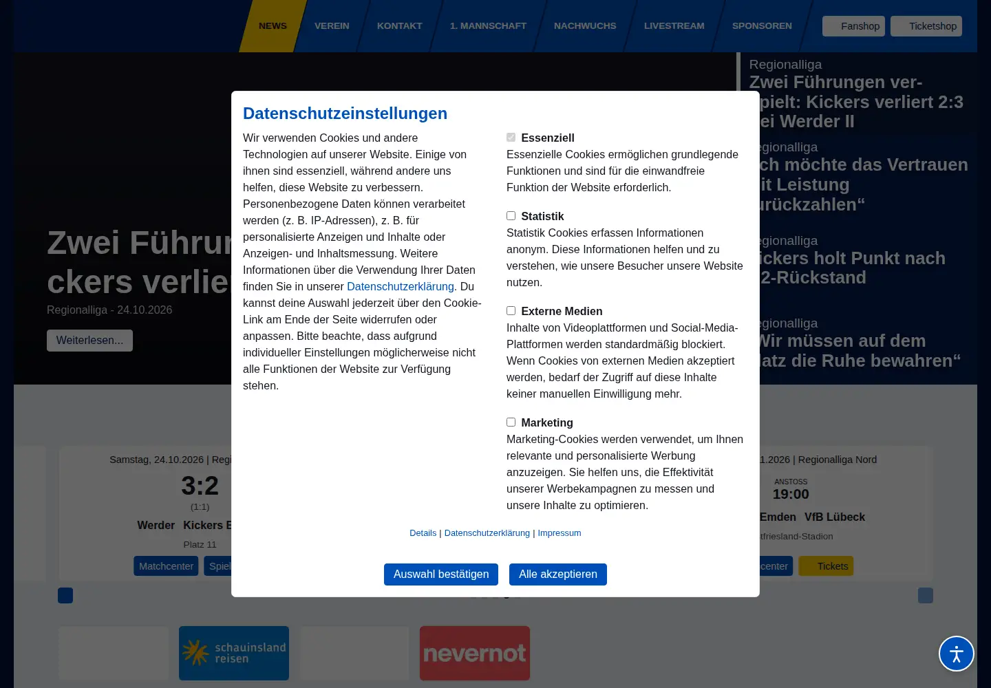 Captured homepage of bsv-kickers-emden.de in the current scan