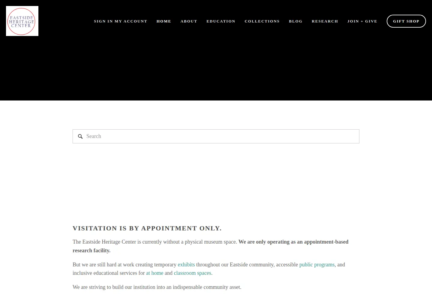 Captured homepage of eastsideheritagecenter.org in the current scan